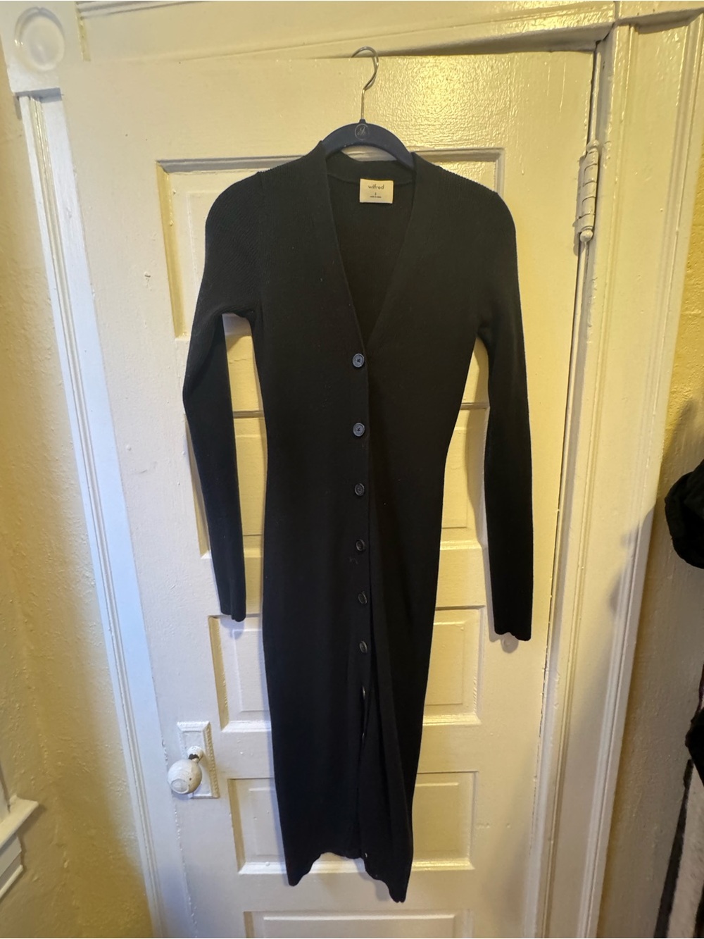 Wilfred Black Long-Sleeve Button-Front Midi Sweater Dress